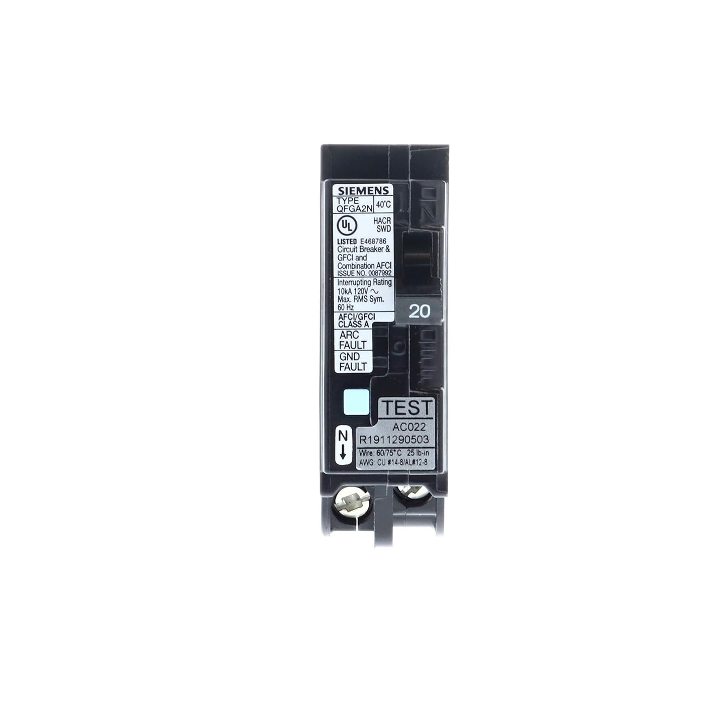 Siemen Arc Fault Breaker Dual Function 20 A (Plug On-neutral) Q120DFN Used